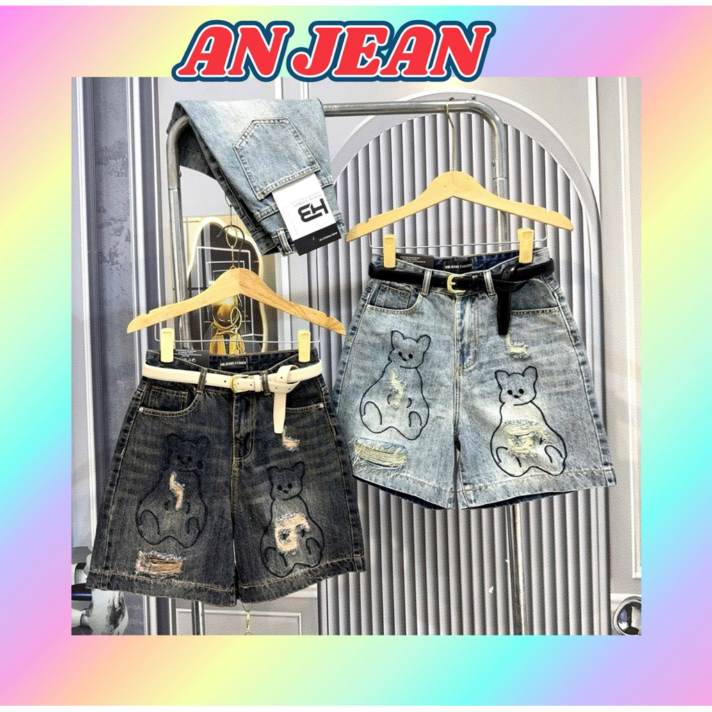 Quần short jean nữ thêu gấu dễ thương lưng cao, chất denim  – AN JEAN