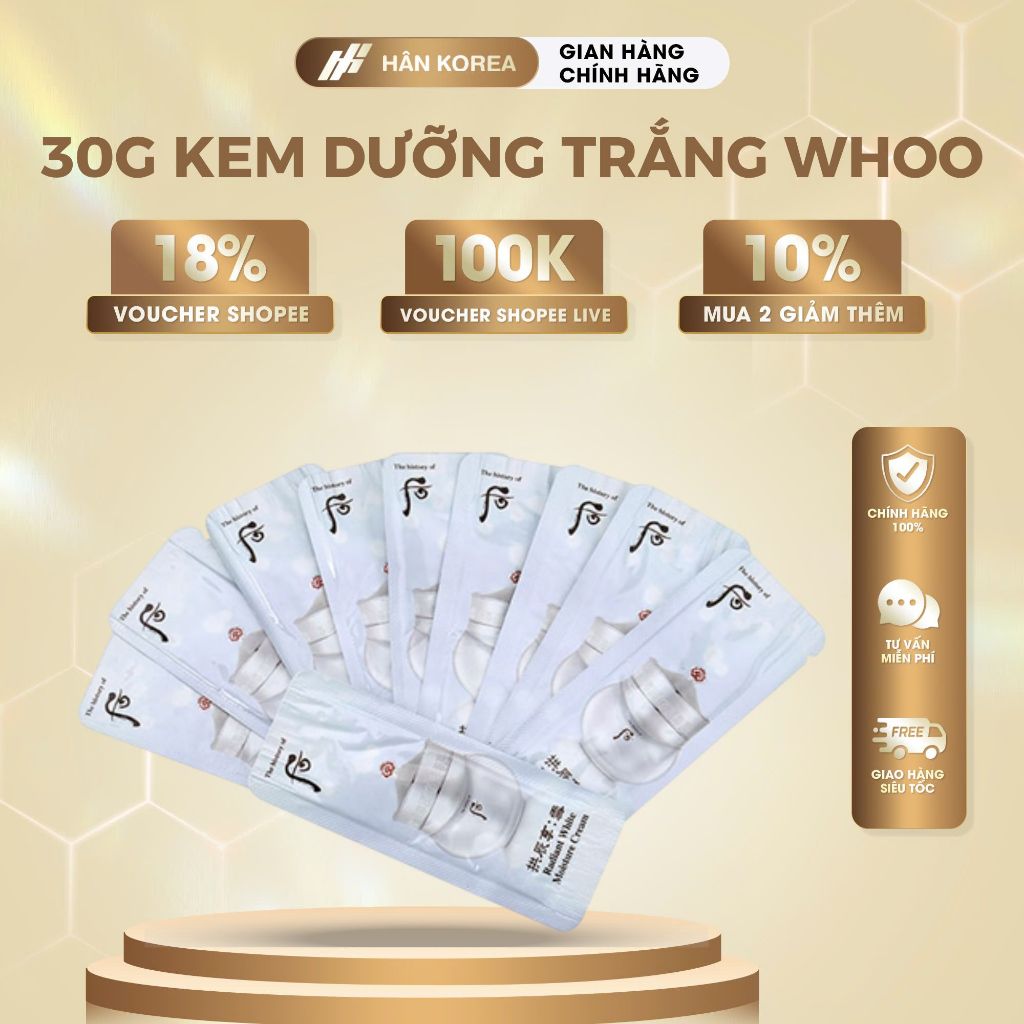 Combo 30 Gói Kem Dưỡng Trắng Da Whoo Radiant White Moisture Cream, Mờ Thâm Nám, Dưỡng Trắng 1ML - C250