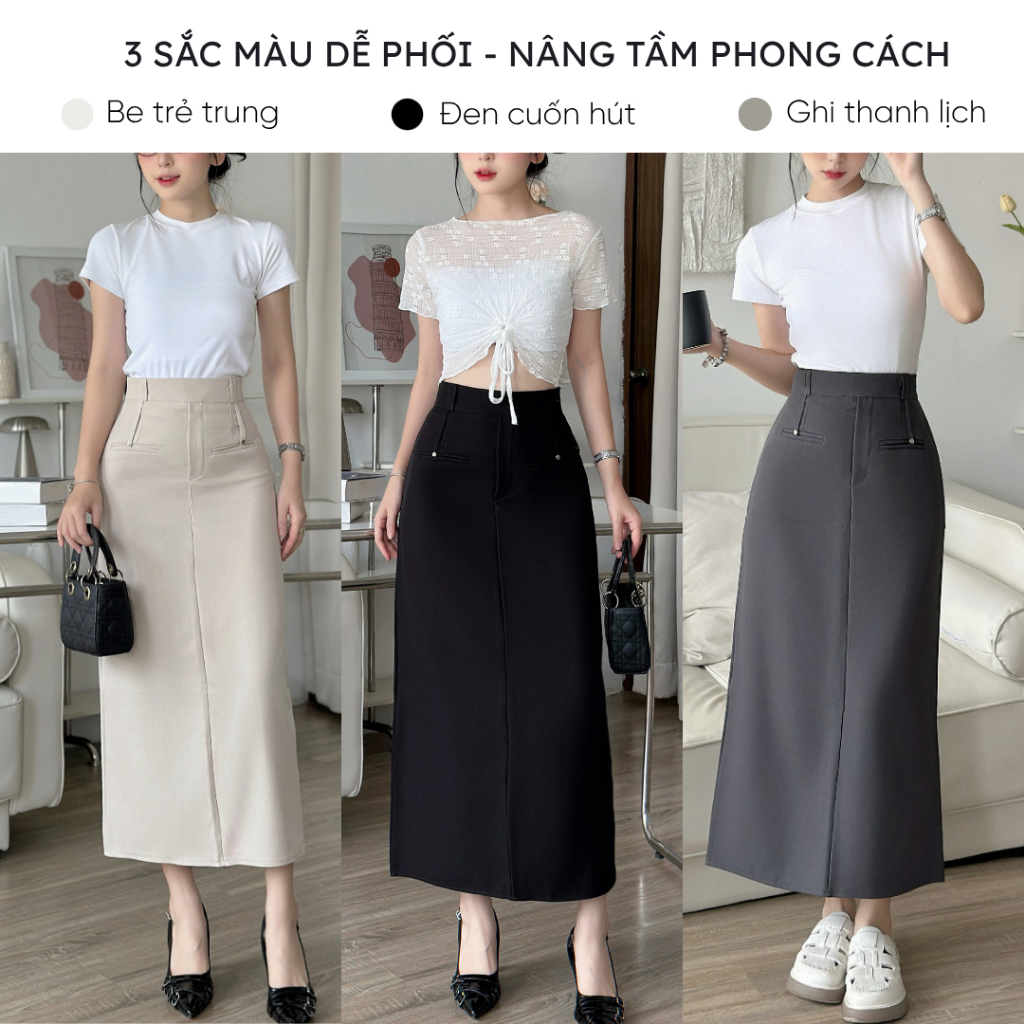 Chân váy chữ A  dáng dài 85cm Mely Fashion cạp cao tôn dáng che giấu bụng có xẻ sau có bigsize đi làm đi chơi CV119 | BigBuy360 - bigbuy360.vn