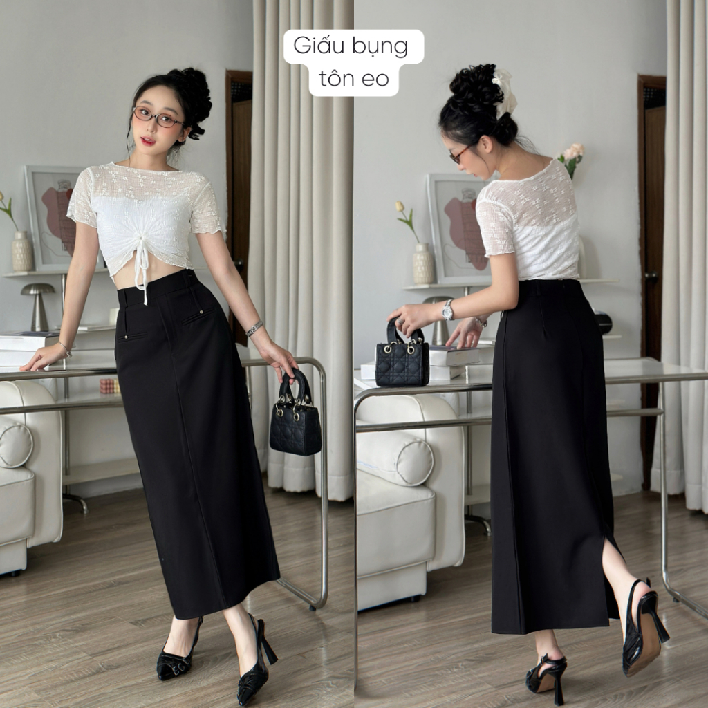 Chân váy chữ A  dáng dài 85cm Mely Fashion cạp cao tôn dáng che giấu bụng có xẻ sau có bigsize đi làm đi chơi CV119 | BigBuy360 - bigbuy360.vn
