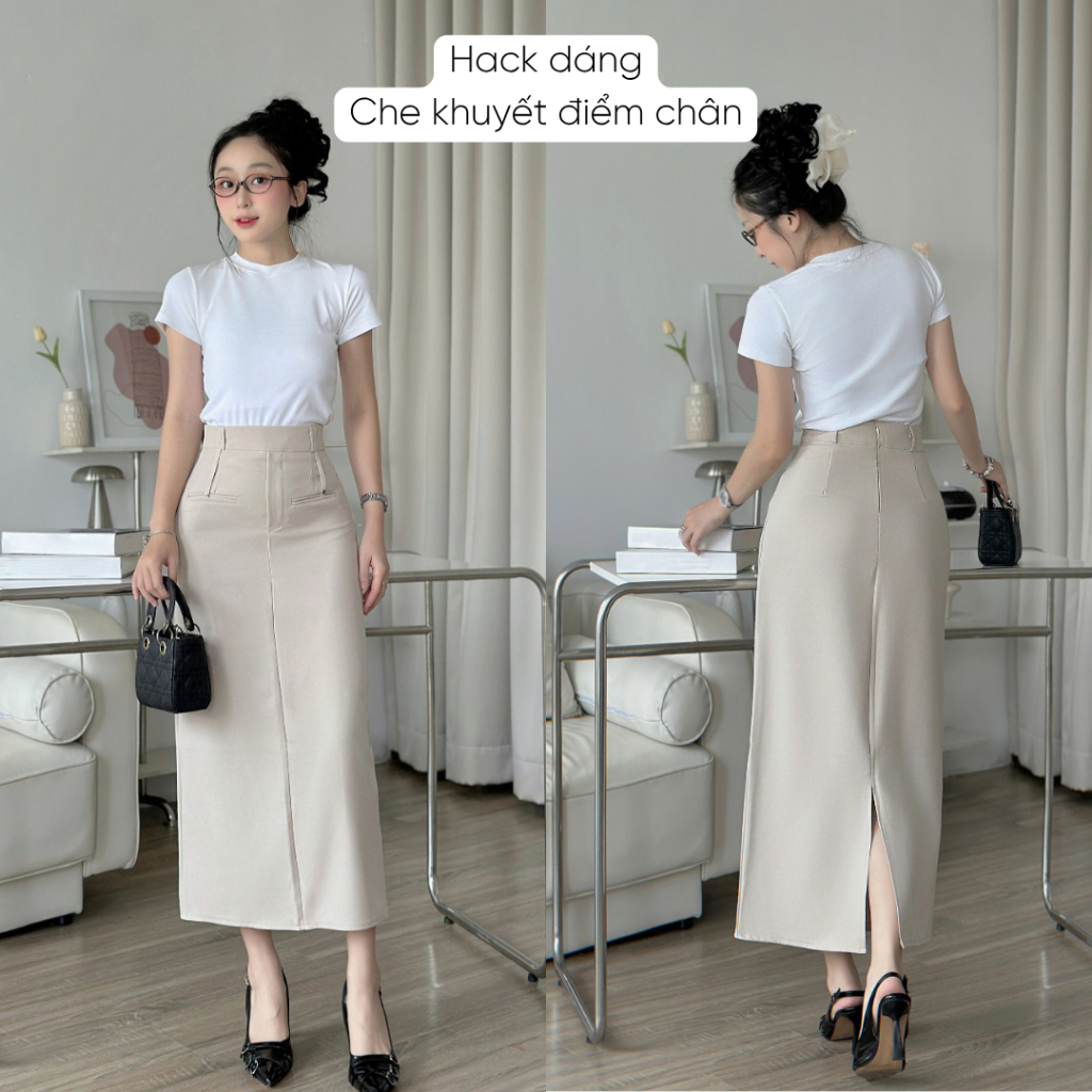 Chân váy chữ A  dáng dài 85cm Mely Fashion cạp cao tôn dáng che giấu bụng có xẻ sau có bigsize đi làm đi chơi CV119 | BigBuy360 - bigbuy360.vn