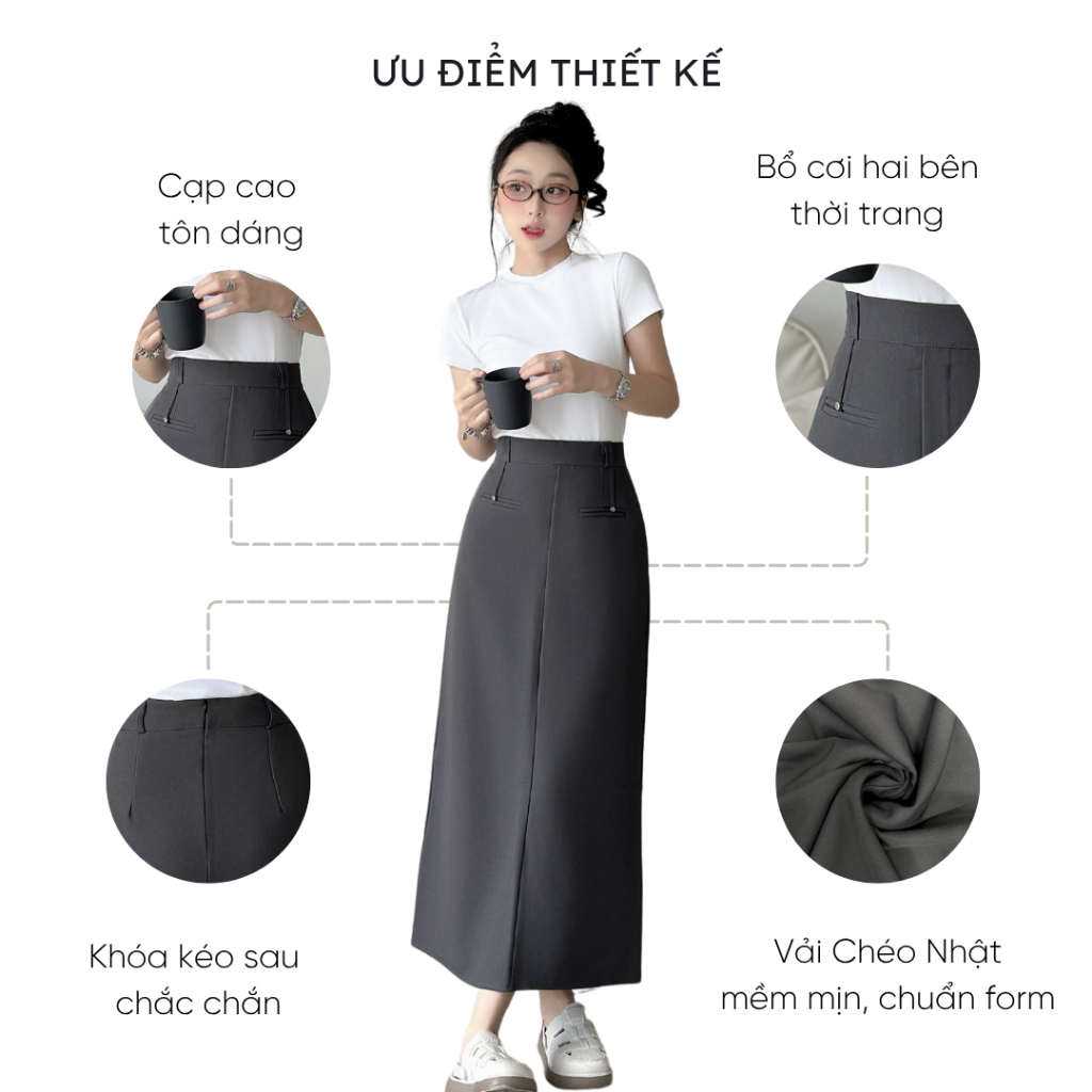 Chân váy chữ A  dáng dài 85cm Mely Fashion cạp cao tôn dáng che giấu bụng có xẻ sau có bigsize đi làm đi chơi CV119 | BigBuy360 - bigbuy360.vn