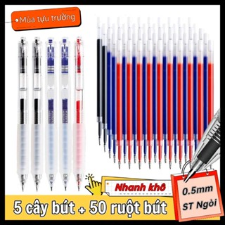 Bộ 5 bút gel bấm 0.5mm + 50 ruột mực nhanh khô ngòi ST trong suốt màu đen đỏ xanh viết mượt cầm êm