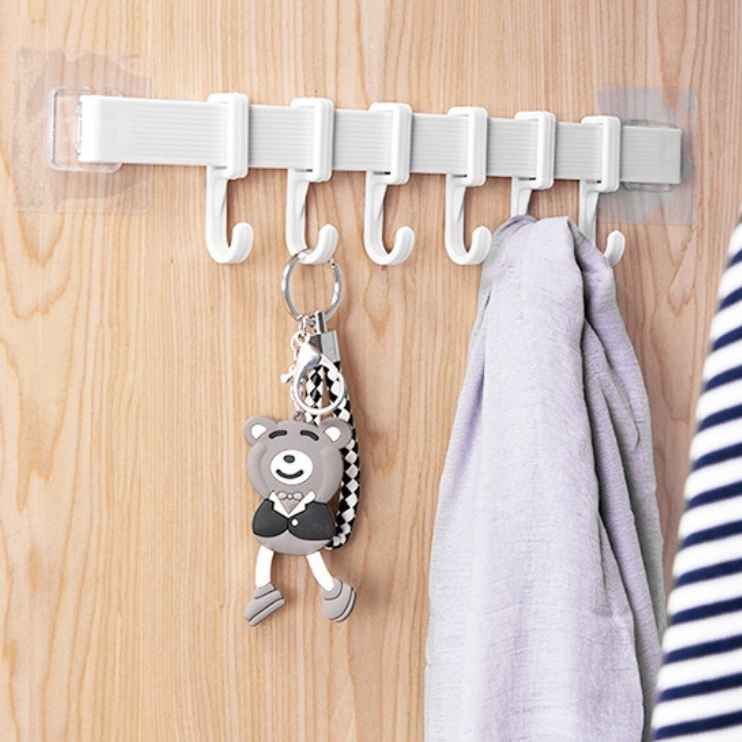 ( móc thanh nhựa bảng to dày)Móc dán tường 6 móc 34.5x6cm, móc dán tường treo đồ bằng nhựa 6 móc