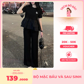 Đồ bộ bầu gân thái bộ bầu bộ sau sinh áo fom baby doll quần chỉnh chun theo vòng bụng