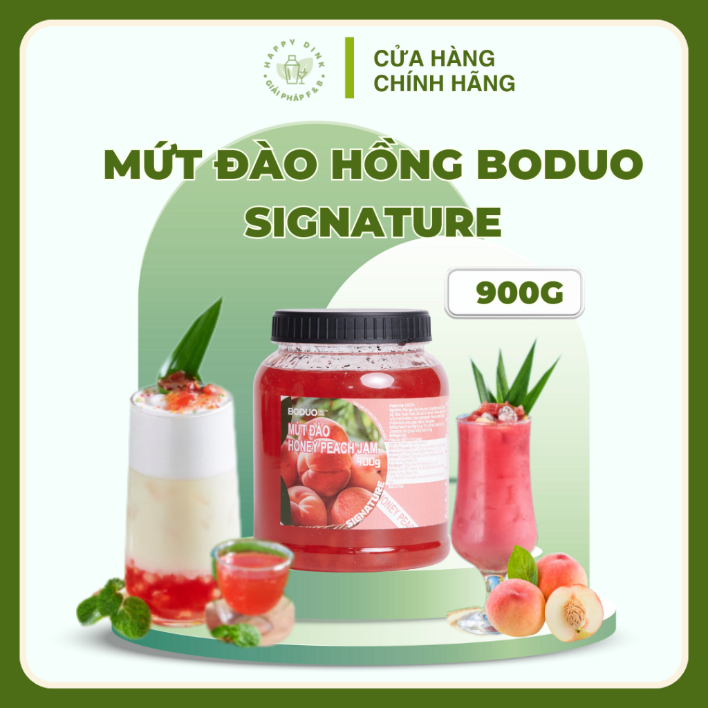 Mứt đào hồng Boduo Signature hộp 900g chuyên dùng cho pha chế trà đào, trà trái cây, sinh tố