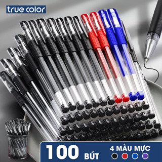 Set 100 Bút bi nước bút gel ngòi 0.5mm 4 màu mực đen/xanh/đỏ/tím - Bút mực nước học sinh mực ra đều đậm, khô nhanh