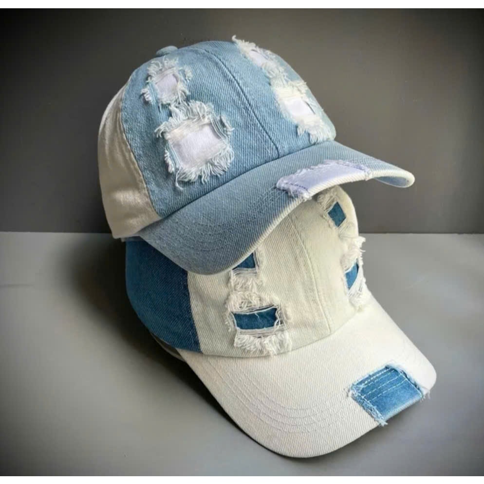 Mũ lưỡi trai Jean rách hai màu xanh trắng, Nón kết Jean rách thời trang bụi bặm