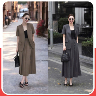 [ TẶNG KÈM ĐAI ] VT250341 - Set Vest Công Sở Nữ Áo Blazer Tay Ngắn + Chân Váy Dài Xếp Ly Sang Chảnh Phong Cách Hàn