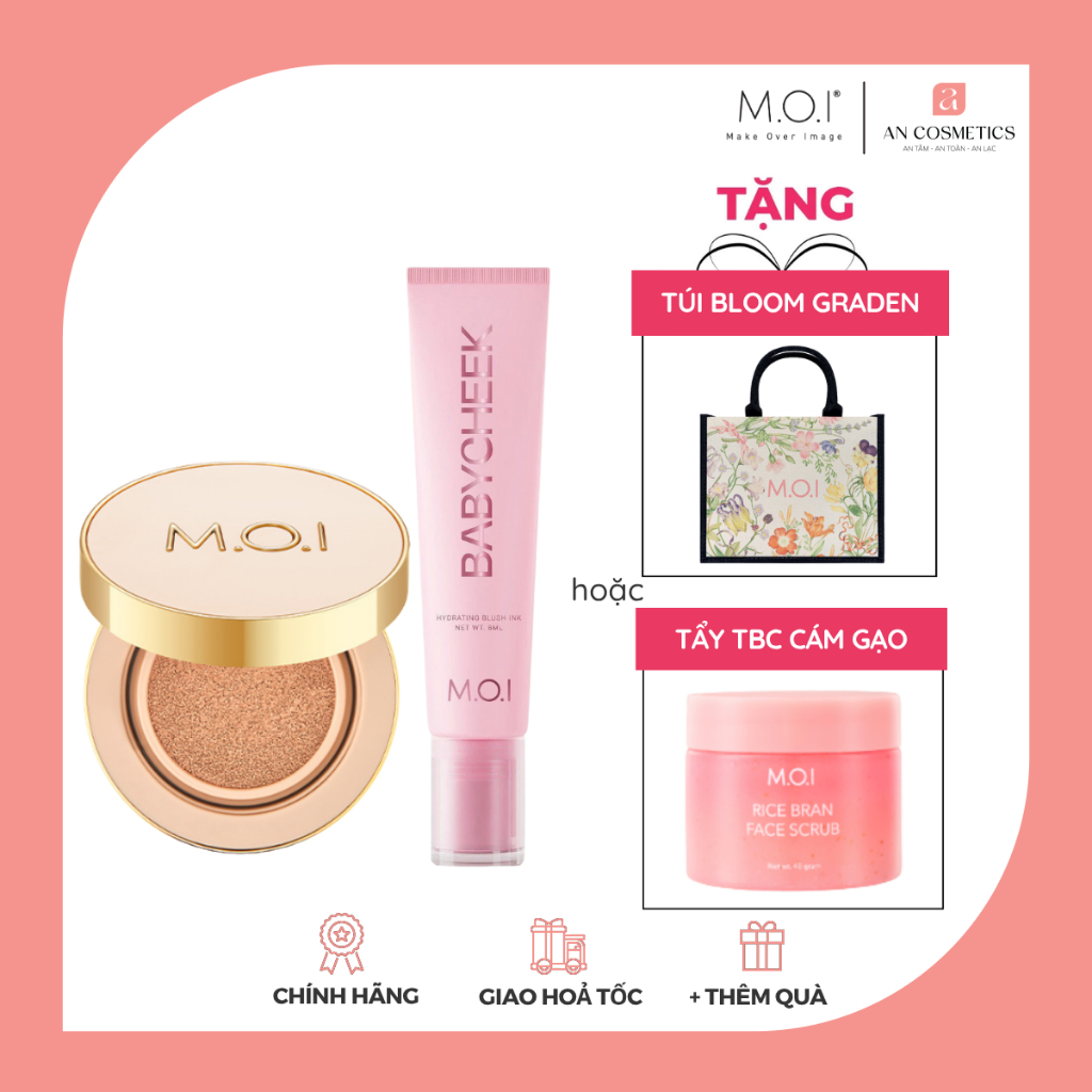 (TẶNG QUÀ) Combo phấn nước M.O.I Premium Baby Skin Cushion 12g và má hồng sữa M.O.I Baby Cheek 14ml
