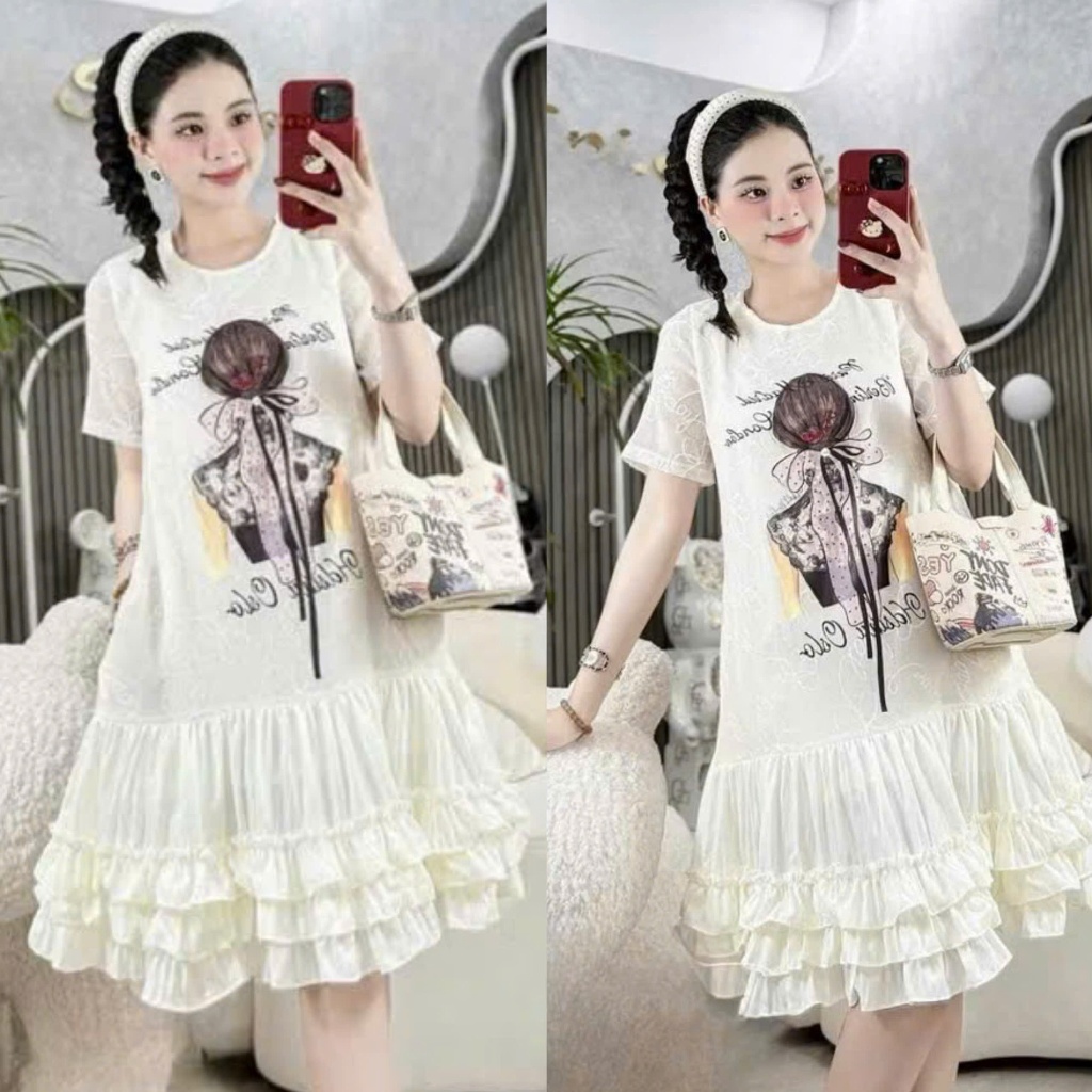 ( Hàng Tk ) : Váy Ren Be Cộc Tay In Hình " Phía Sau Một Cô Gái " Phối Bèo Tầng Dáng Ngắn Bầu Bí Bon 