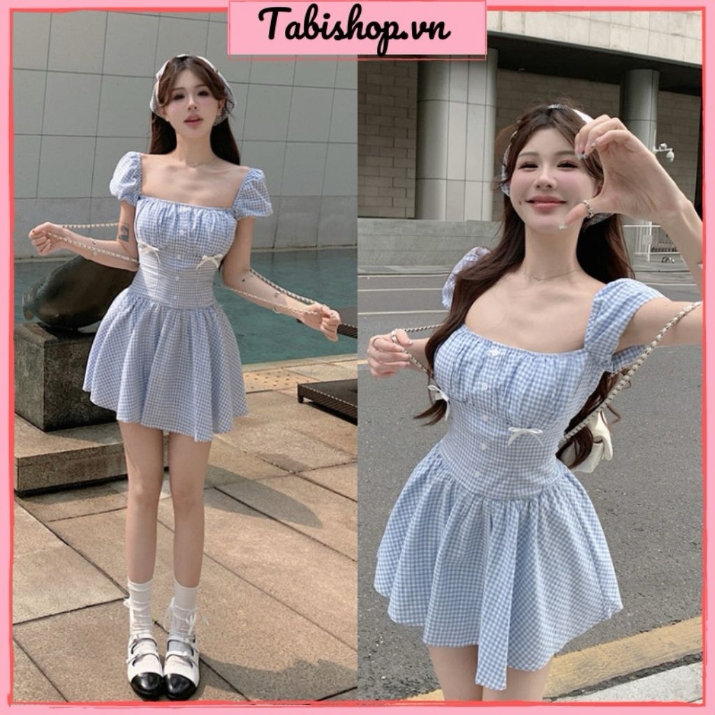 Đầm xoè cổ vuông caro xanh đính nơ TABISHOP Váy babydoll màu xanh biển ngọt ngào mặc hè đi biển