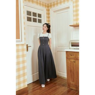  FDP33523 - Đầm dạo phố hai dây vải thô dáng chữ A ngực áo đính nơ tạo kiểu thân váy phối ly bung - JAN. by PANTIO 