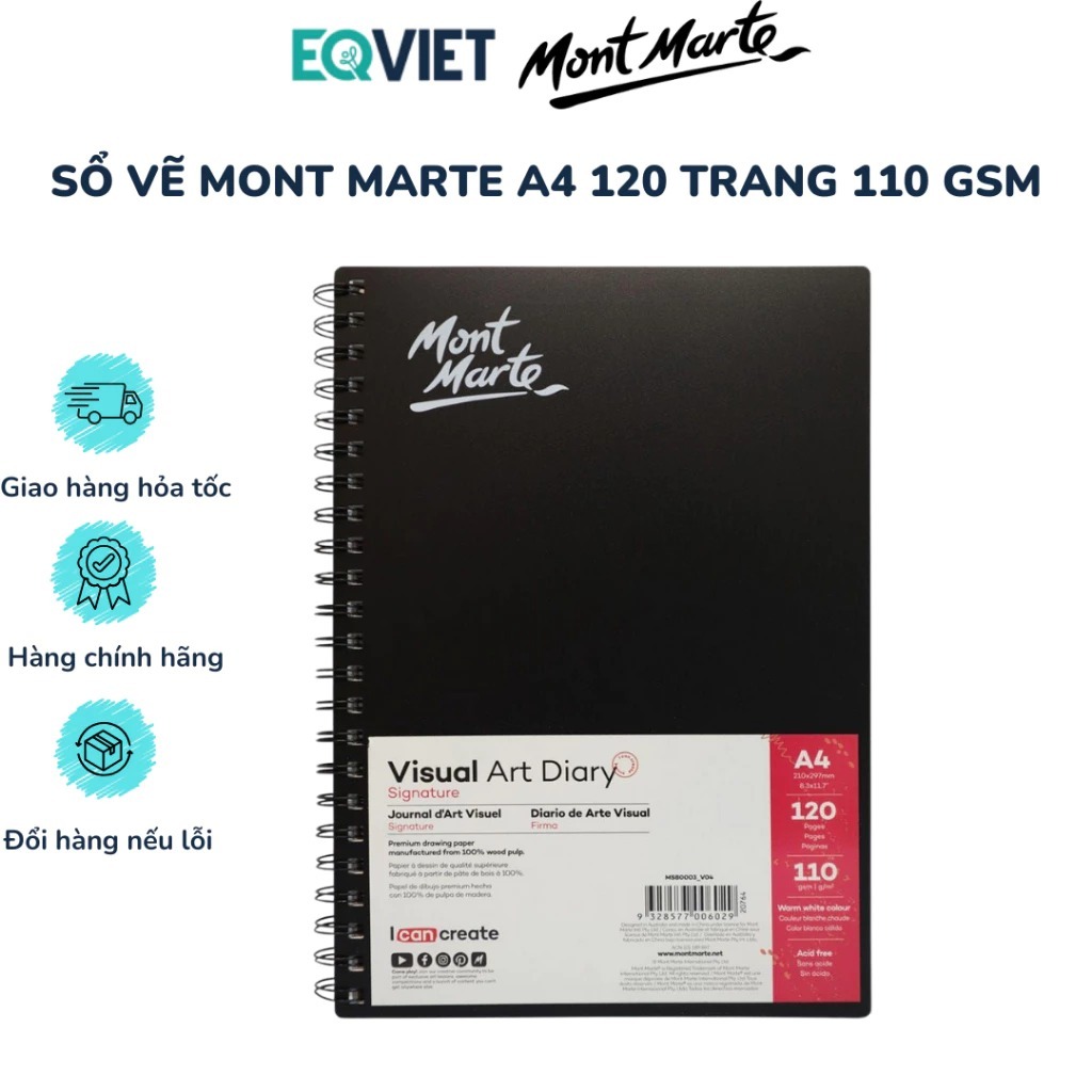 Sổ Vẽ Mont Marte Sketch Visual Art Diary Mont Marte, Vở Vẽ  A4 120 Tờ/110gsm - Nhập Khẩu Chính Hãng