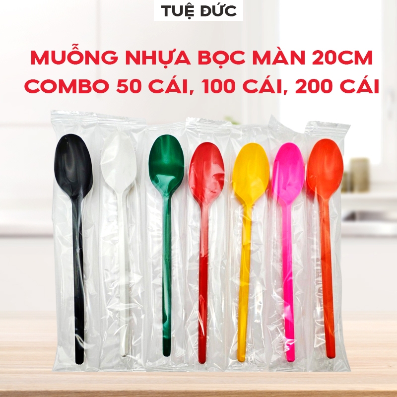[Mua Nhiều Giá Sỉ] Muỗng nhựa trà sữa 20cm bọc màng nilong, muỗng thìa trà sữa tiện lợi, an toàn