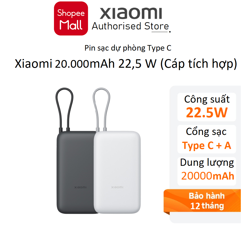 Pin sạc dự phòng Xiaomi 20000mAh 33W / 22,5W Cáp tích hợp Type C - Hàng chính hãng