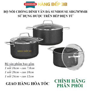 Bộ nồi siêu bền đá đáy từ Sunhouse SHG7878MB - Sử dụng được trên bếp từ, bếp hồng ngoại, bếp ga