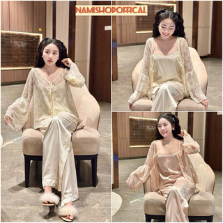 Set đồ tiểu thư gồm áo 2 dây, áo choàng ren và quần dài chất vải lụa latin cao cấp mềm mịn mượt, freesize