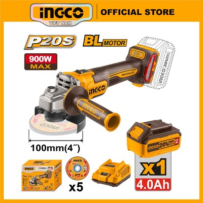 Máy cắt cầm tay pin 20V INGCO CAGLI261021 900W đĩa 100mm không than kèm pin sạc lưỡi cắt 3 tốc độ