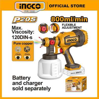 Máy phun sơn dùng pin 20V INGCO CSGLI2004 (thân máy chưa kèm pin và sạc) đầu béc 1.5mm, 2.5mm độ nhớt sơn max 120DIN-s