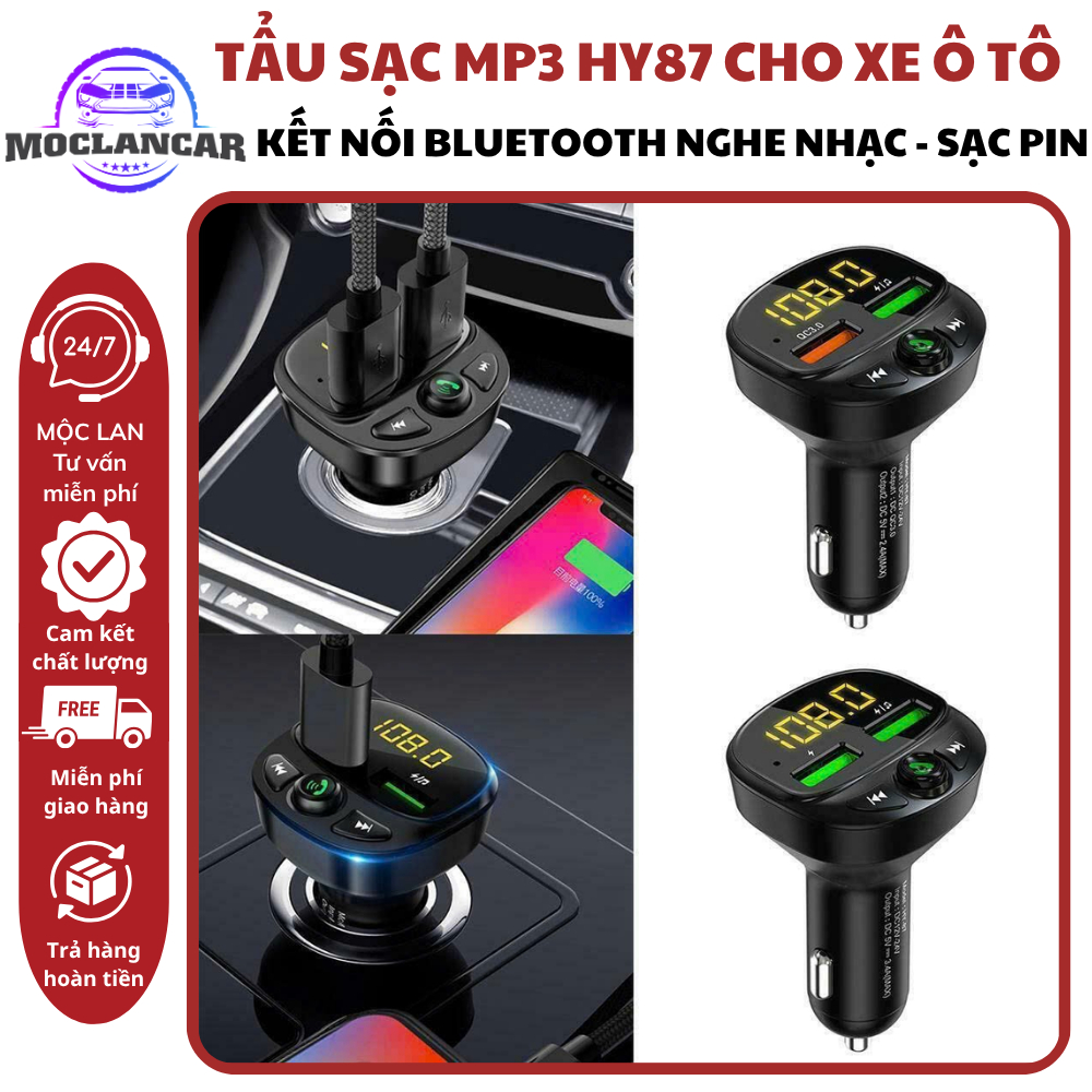 Tẩu Sạc Mp3 Cho Ô Tô Hai Cổng USB QC3.0, Kết Nối Dàn Âm Thanh Trên Xe Qua FM Nghe Nhạc HUYNDAI HY-87