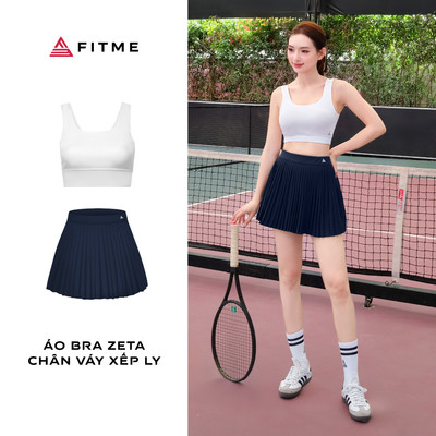 Bộ đồ tập gym nữ Fitme áo bra thể thao Zeta trắng, chân váy xếp ly navy năng động