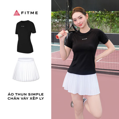 Bộ đồ Pickleball, cầu lông, tennis nữ Fitme áo thể thao Simple Đen, chân váy xếp ly Trắng năng động