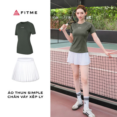 Bộ đồ Pickleball, cầu lông, tennis nữ Fitme áo áo thể thao Simple Xanh rêu, chân váy xếp ly Trắng năng động