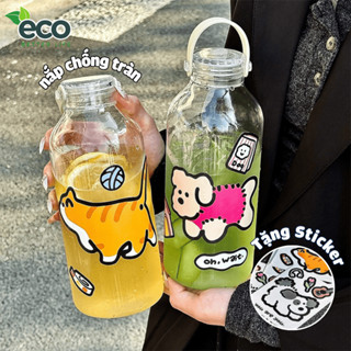  Bình Nước Nhựa Cầm Tay Trong Suốt Có Nắp Chống Tràn Kèm Sticker Dễ Thương Dung Tích 1200ml 