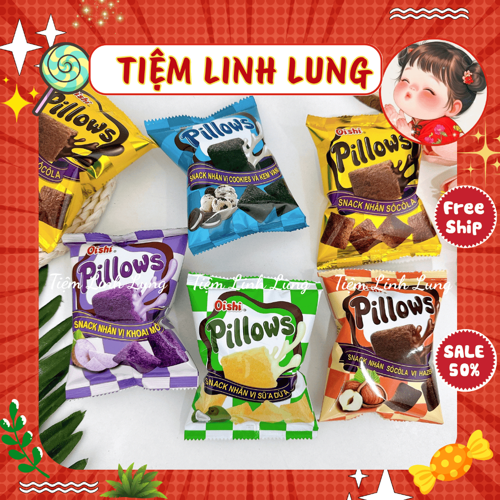 [COMBO 5 GÓI] Snack Pillows Oishi Nhân Sữa Dừa - Socola - Kem Vani Gói 14g, Bánh Nhân Kem Oishi