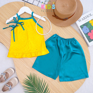  Bộ yếm bé gái áo gấm quần lụa lửng Lavin Kids 8-15kg mềm mịn không nóng bí 