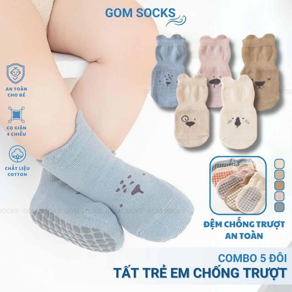 Combo 5 đôi tất chống trượt cho bé tập đi GOM SOCKS, vớ trẻ em họa tiết động vật dễ thương - YIQ