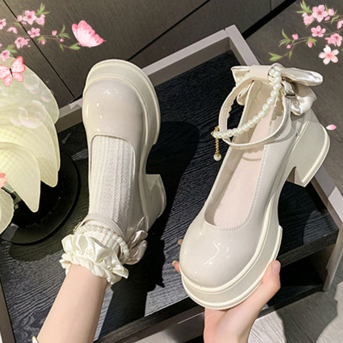 🔥Còn hàng🔥Giày Búp Bê Nữ 7p Mũi Tròn Gót Dày Thiết Kế Khóa Giày lolita đế cao 7cm