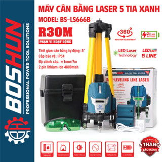 Máy cân mực laser BOSHUN BS-LS666B, 5 tia xanh bóng LED siêu sáng - Kèm 2 pin - Chân 1m2