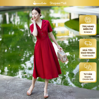 SWANLAKE | Váy Đầm Nữ Sơ Mi Cổ Bẻ Vải Linen Cao Cấp Dáng Dài Xếp Ly Dây Kéo Ngắn Tay Chiết Eo D09977