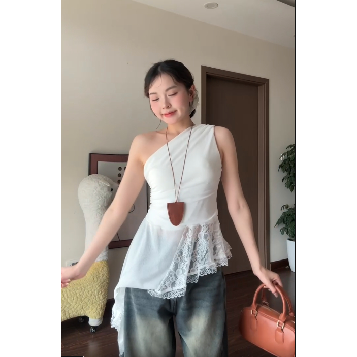 Áo Lệch Vai Tà Xéo SANJOLI Áo Lệch Vai Phối Ren Tà Xéo AO005 | BigBuy360 - bigbuy360.vn