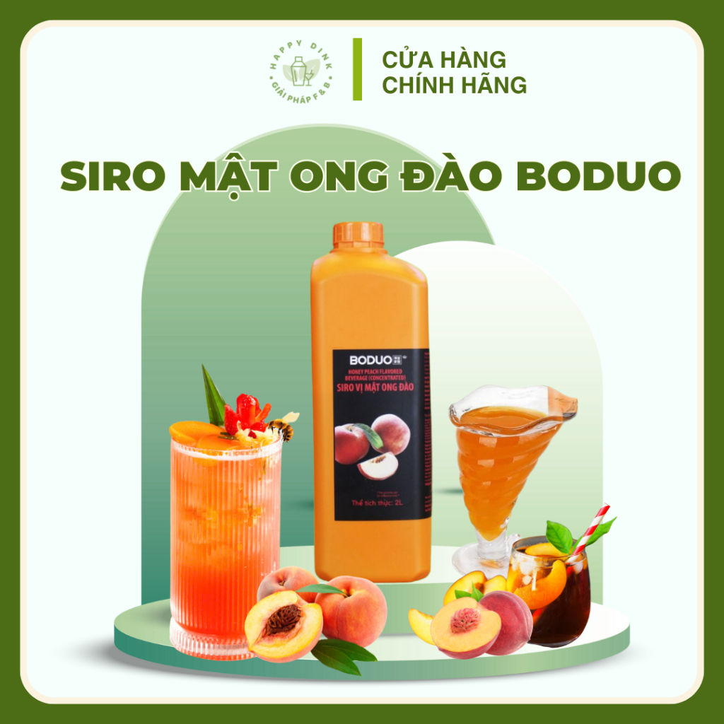 Siro, syrup Đào mật ong Boduo can 2L, siro đào mật ong pha chế tặng bộ công thức trà đào