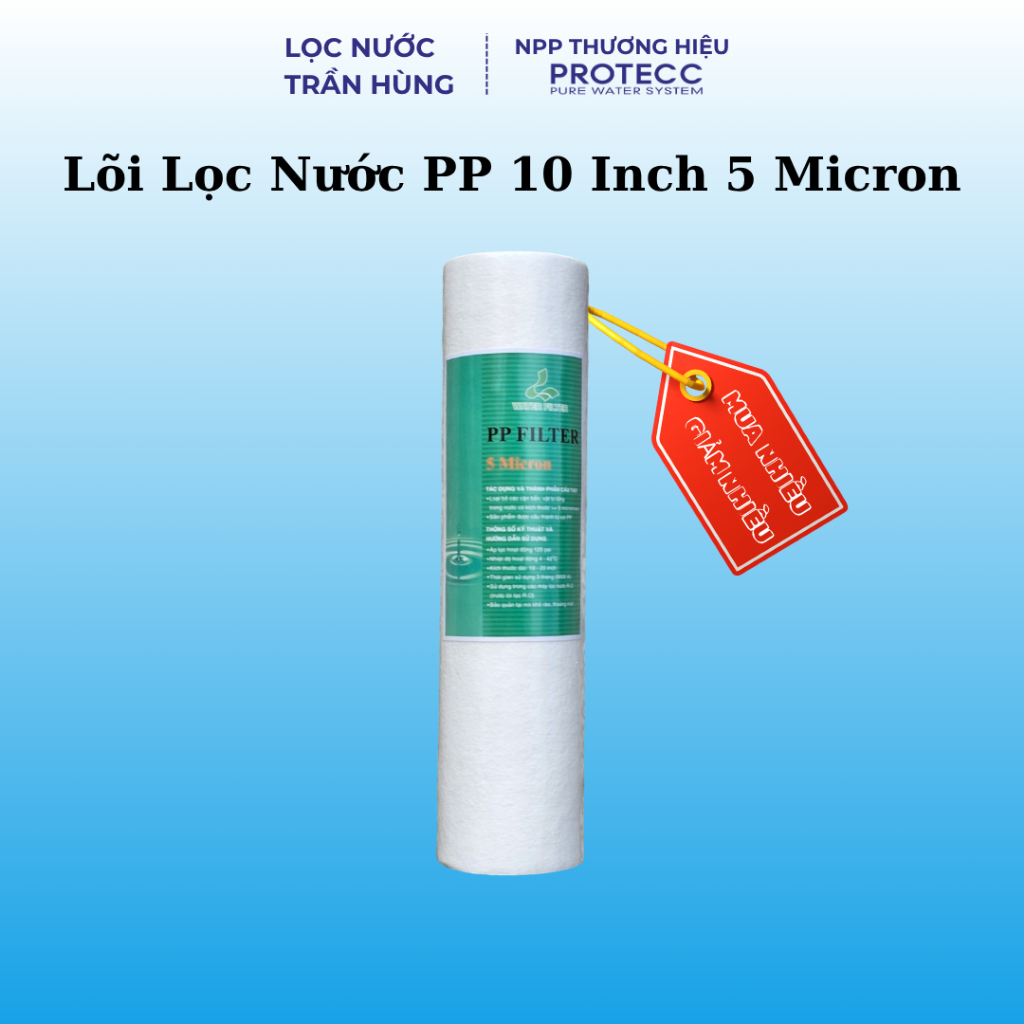 Lõi Lọc Nước Pp 10 Inch 5 Micron - Lõi Lọc Nước Số 1 Lọc Cặn Bẩn Tạp Chất, Dùng Cho Mọi Dòng Máy