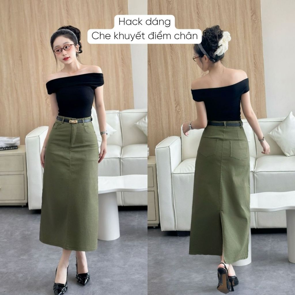 Chân váy kaki dáng dài 80cm Mely Fashion chữ A xẻ sau có túi 2 bên cạp cao tôn dáng che khuyết điểm tốt có bigsize CV104 | BigBuy360 - bigbuy360.vn