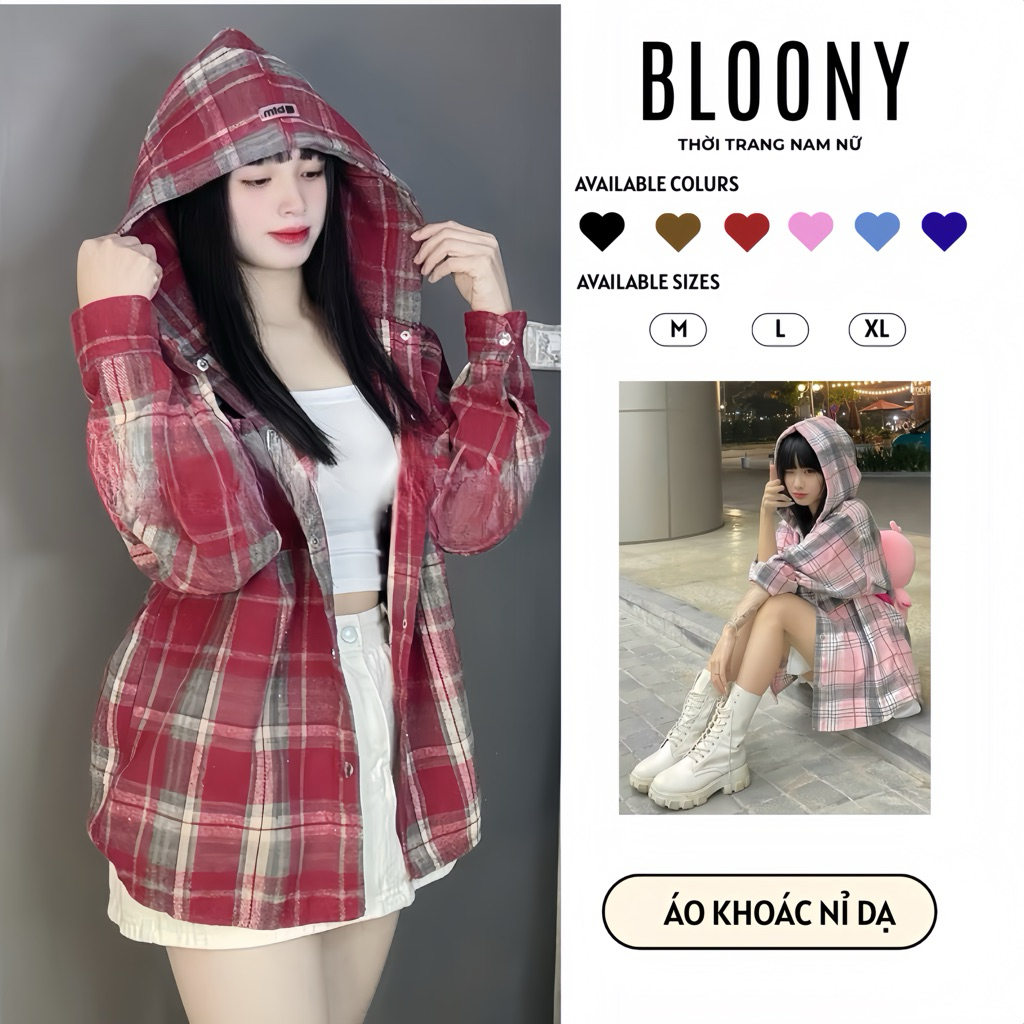 Áo Khoác SơMi Kẻ Dạ Phong Cách Hàn Quốc Có Mũ.Chất Nỉ Dạ Dày Dặn Chống Nắng,Cúc Bấm Trẻ Trung