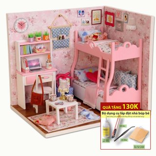 Mô hình NHÀ BÚP BÊ bằng gỗ có đèn led H012 Tặng kèm mica che bụi và dụng cụ lắp ráp ToyStationVN