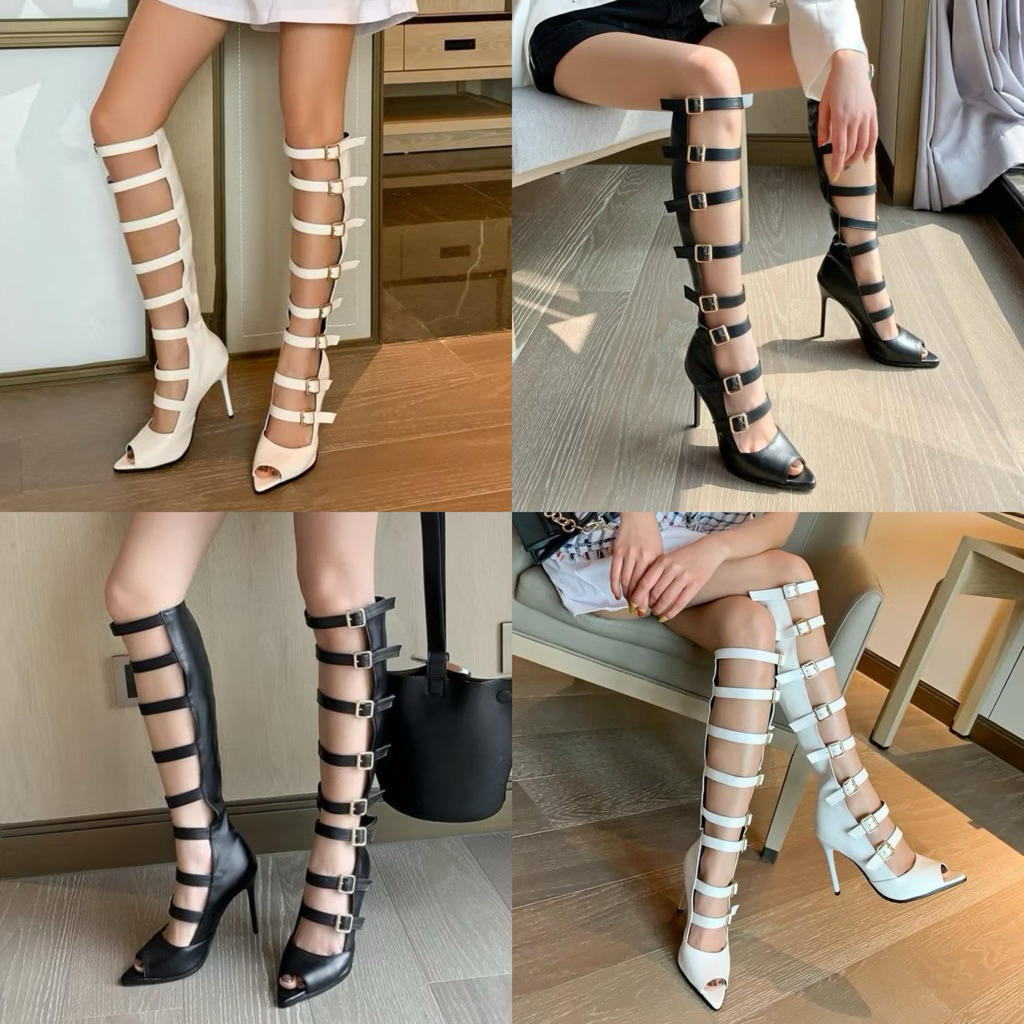 Giày boot chiến binh NGANG GỐI cài khoá dây HỞ MŨI cao gót màu trắng, đen BNCC47