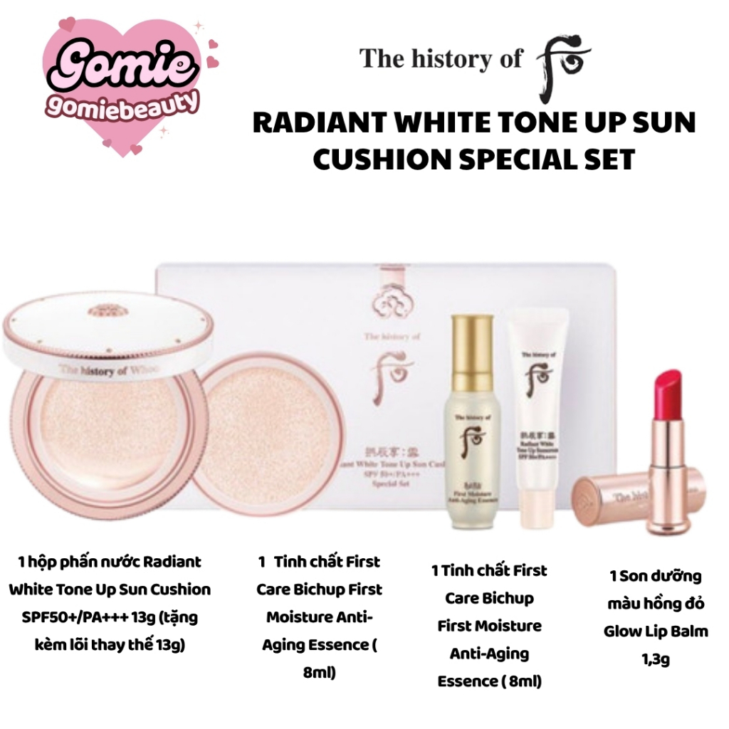 Set Cushion 5 Món The Whoo Radiant White Tone Up Sun Cushion Special Set