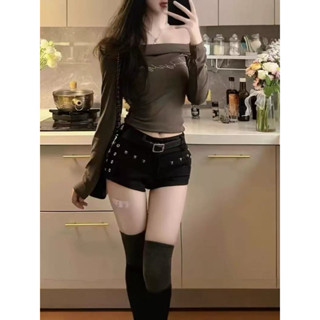 Quần jeans nữ y2k eo thấp xinh cá tính gắn khuy đinh tán quần ngắn bó sát đường phố Âu Mỹ  cá tính style girl