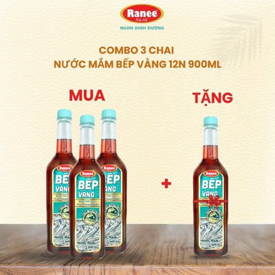 {Tặng 1 chai cùng loại} Combo 3 Nước mắm thơm ngon Cá Cơm Bếp Vàng 12N 900ml (3 chai x 900ml) tặng kèm Nước mắm 12N 900m