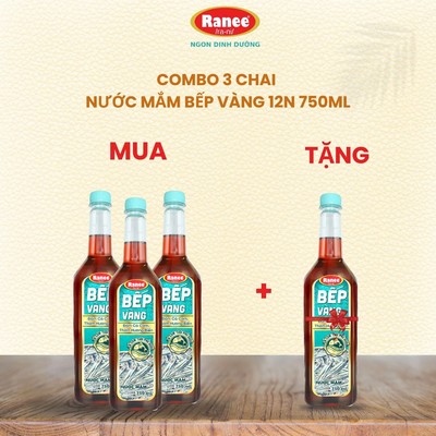 {Tặng 1 chai cùng loại} Combo 3 Nước mắm thơm ngon Cá Cơm Bếp Vàng 12N 750ml (3 chai x 750) tặng kèm 1 Nước mắm 12N750ml