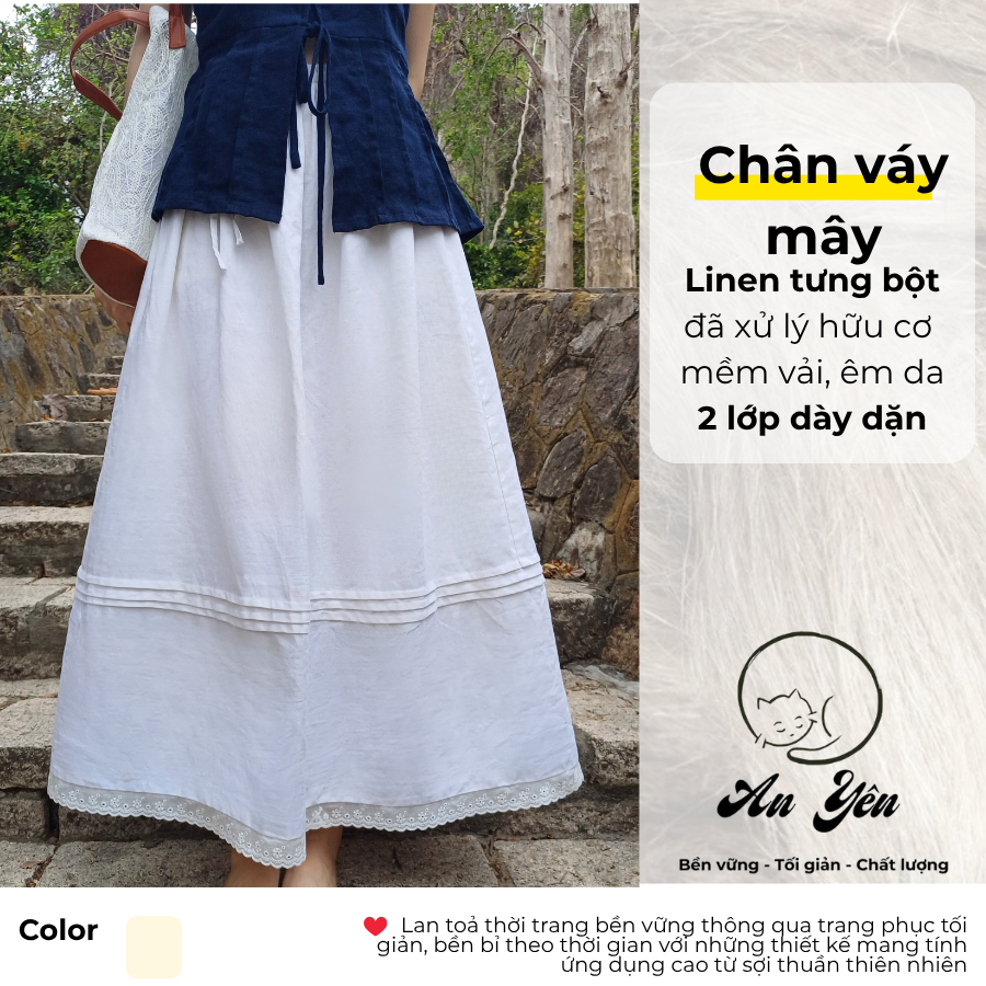 Chân váy Mây - Chân váy Linen dài dáng xòe, chân váy midi trắng, chân váy xòe linen 88cm _ By An Yên