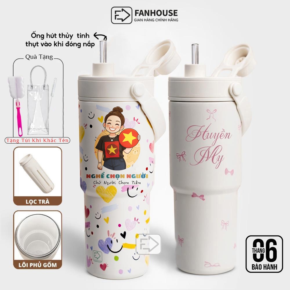 Ly giữ nhiệt Simply Inox 316 Phủ Sứ 735ml ống hút thủy tinh, cốc giữ nhiệt Fan House khắc tên