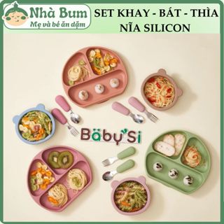  Set 3 món Khay Bát Thìa nĩa Silicon cho bé ăn dặm 