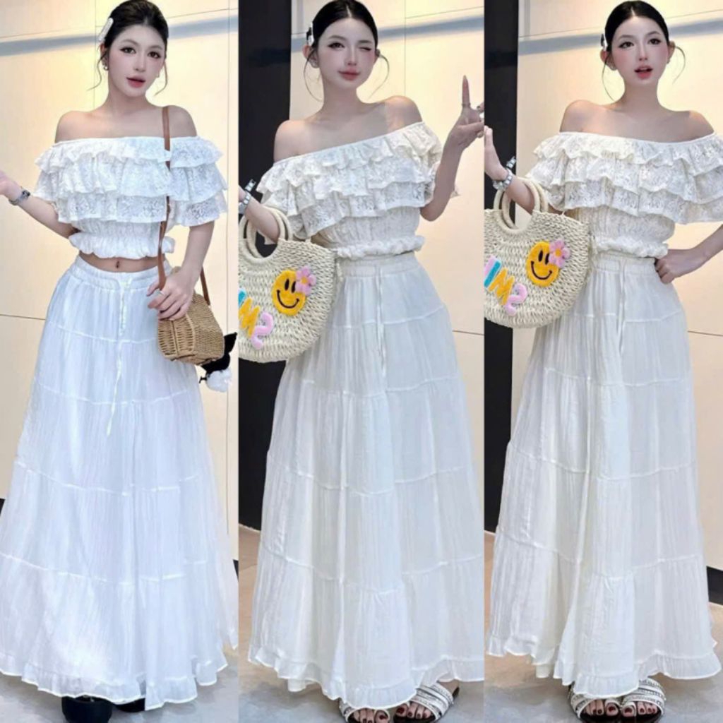 Set Bộ Đồ Nữ Áo Ren Croptop Trễ Vai Bèo + Chân Váy Dáng Dài Xoè Set Đồ Nữ Dễ Thương Mặc Đi Chơi Đi B